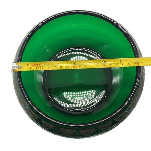 Dalzell Viking Bowl Vintage Green Glass Gold Triangles Hollywood Regency Heavy - Picture 11 of 12